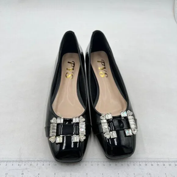 FYS flats square toe Rhinestone Crystal Low Chunky Heel Shoes Black - Picture 2 of 7